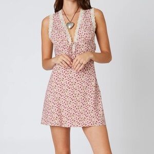 Cotton candy LA Pink and white lace trim mini dress with tie front